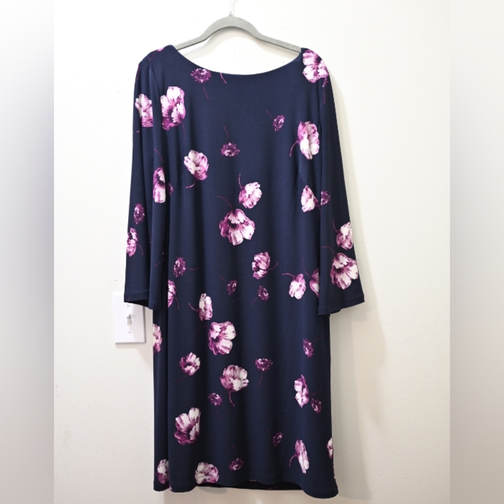 Ralph Lauren Navy Purple Floral Bell-Sleeve Shift Dress size 10 Spring Career